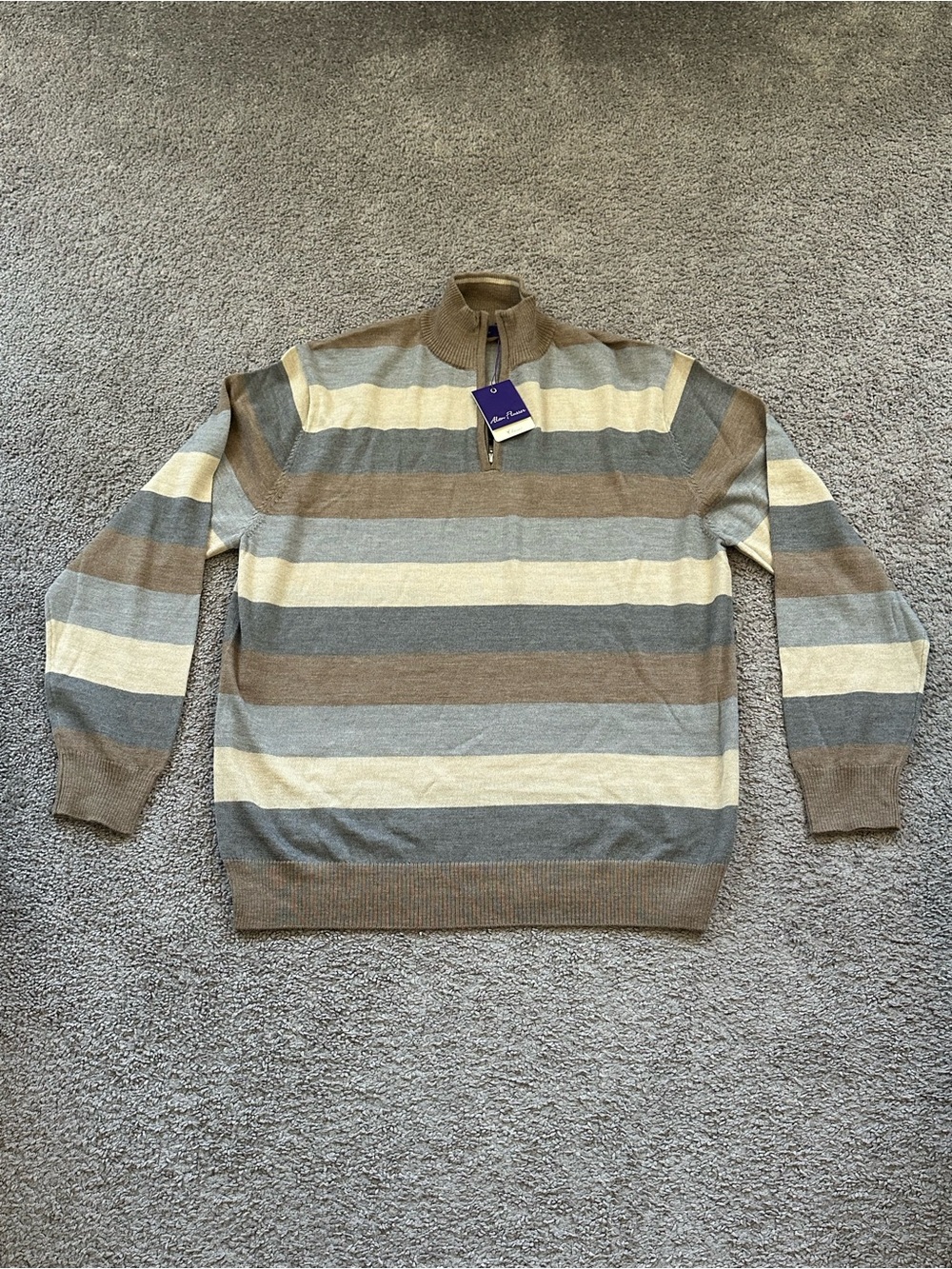 Alan Flusser Merino Wool Striped Quarter-Zip Men's Sweater in Brown and Gray
